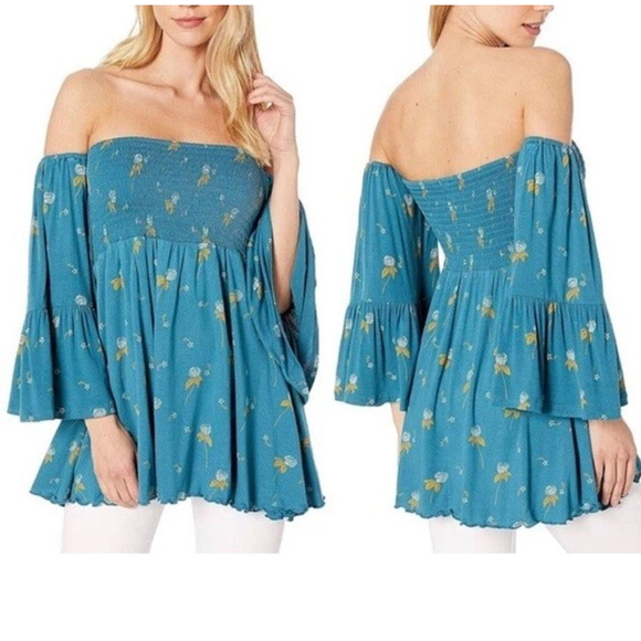 Free People Tops - Free People Lana Tunic Top Blouse Size:S Off Shoulder Blue Floral Smocked Teal